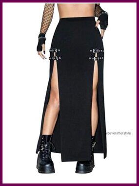 Punk Gothic Double Buckle Split Maxi Skirt High Waist Clubwear